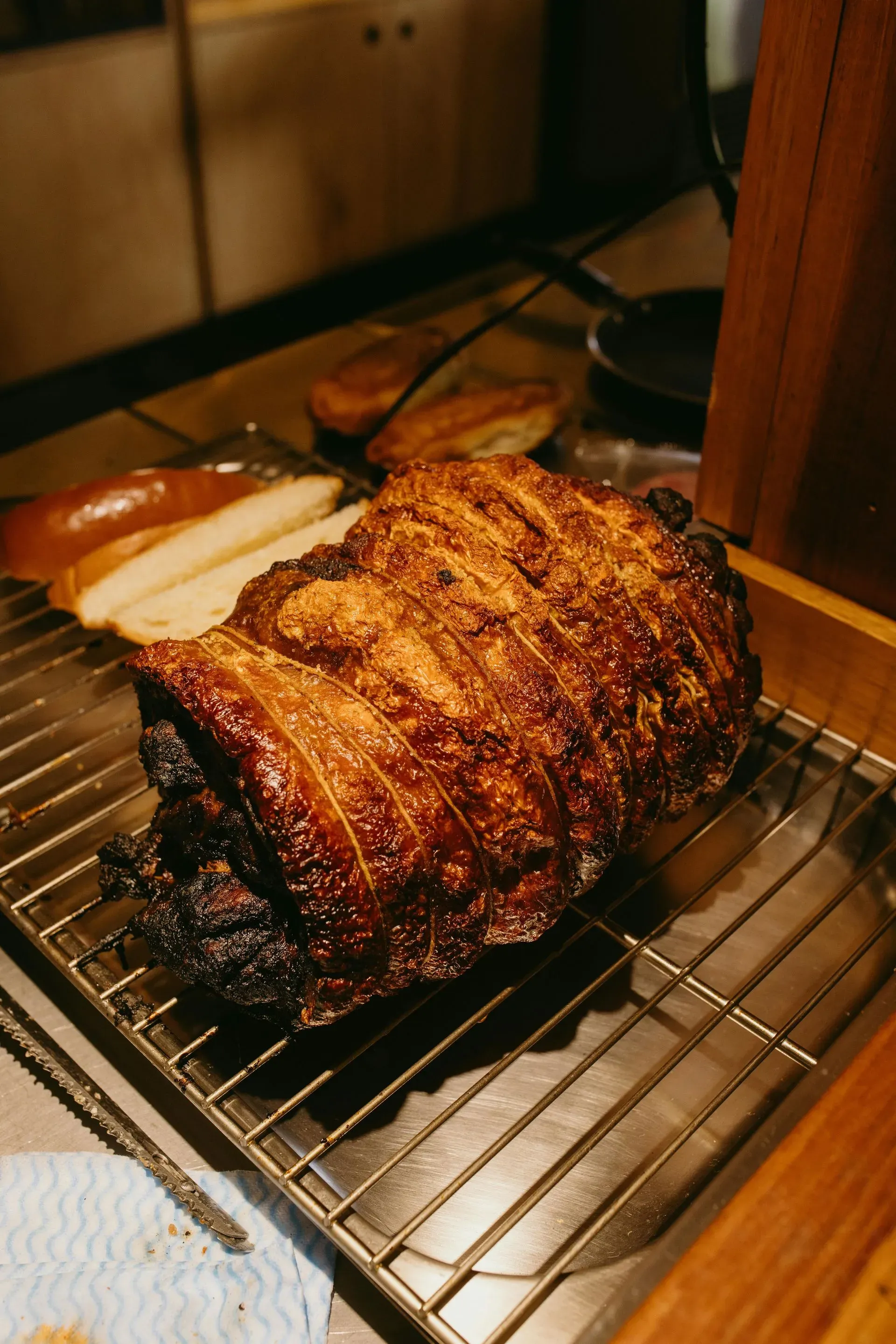 Pork roast with crackling on a rack